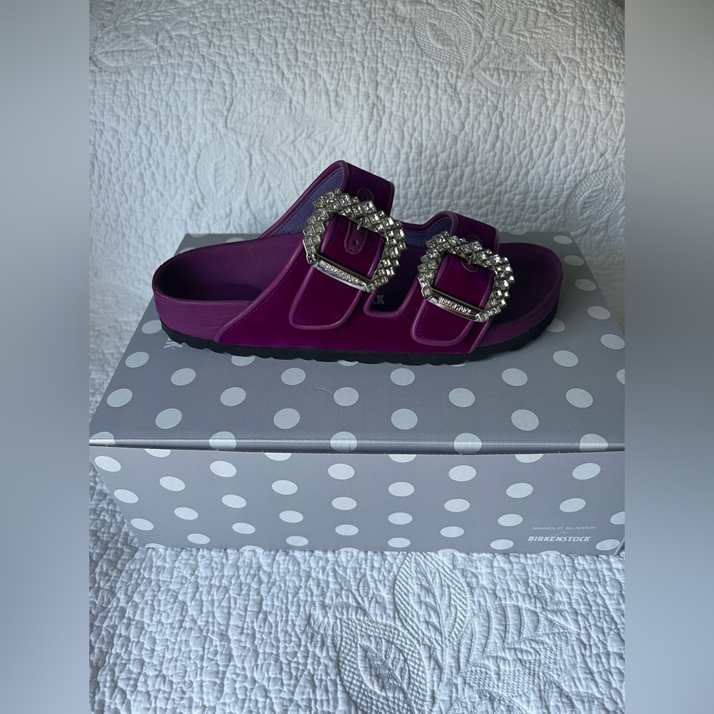 Manolo Blahnik x Birkenstock Velvet Fuchsia Arizona Crystal Buckle Sandal